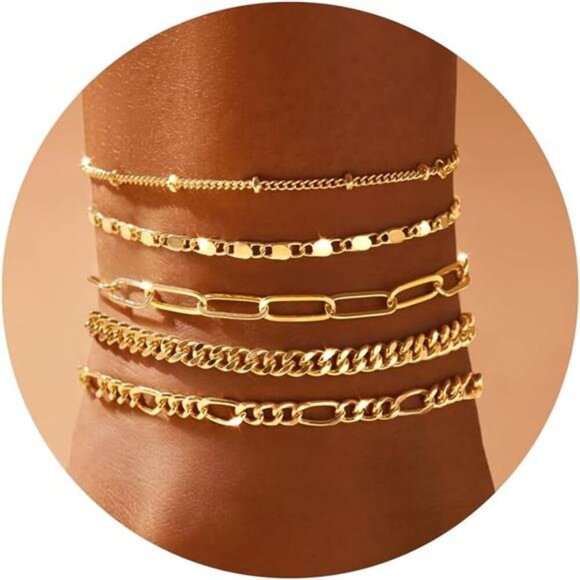 Gold Anklet Set for Women Layered Cuban Figaro Paperclip Waterproof Jewelry - Picture 1 of 7